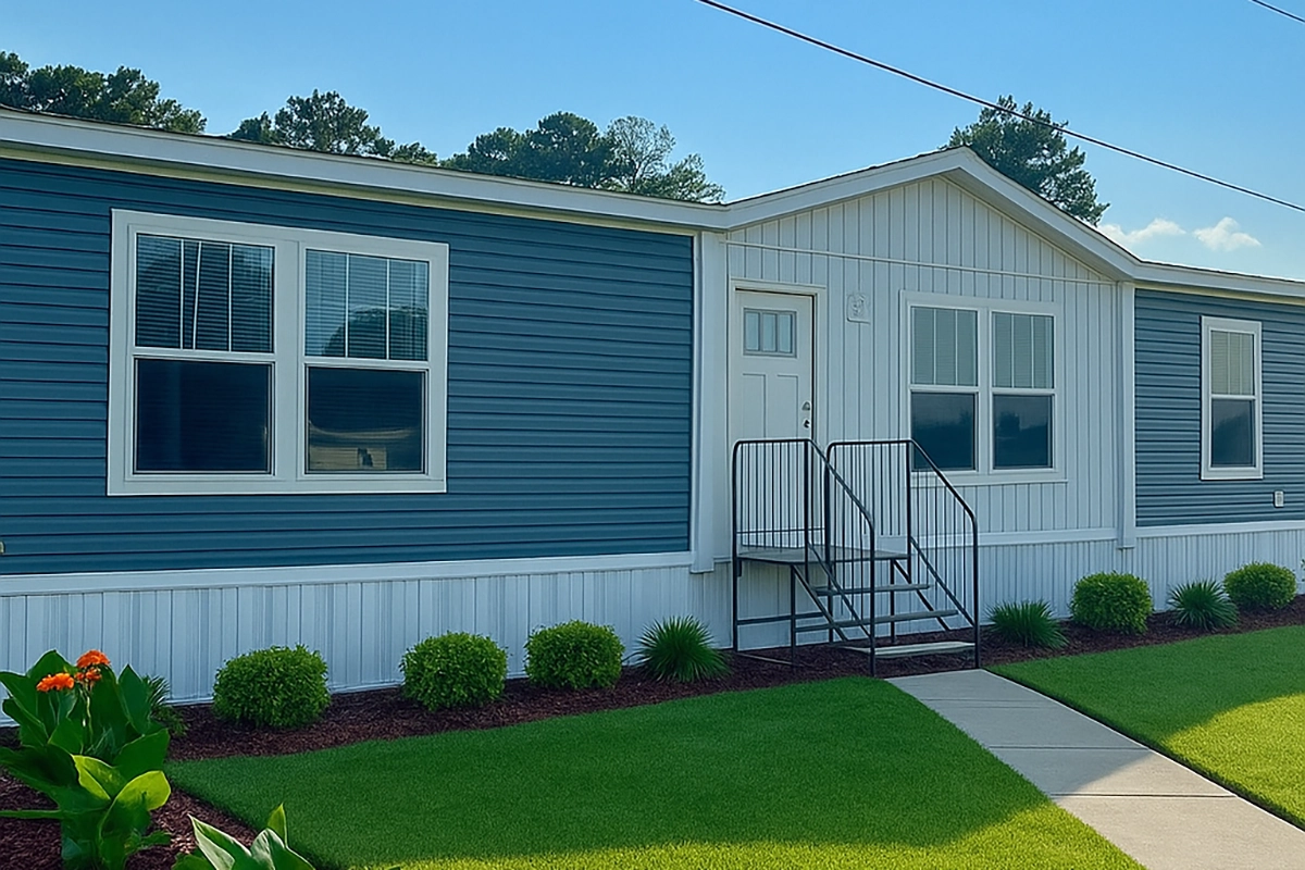 361A63F0-C211-4931-B89F-790C2C155177 copy A blue and white manufactured home with front steps, green lawn, small shrubs, and a sidewalk leading to the entrance.