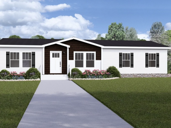 A single-story manufactured home with white siding, black shutters, a central front porch, and a paved walkway, surrounded by grass and landscaping, with trees in the background.
