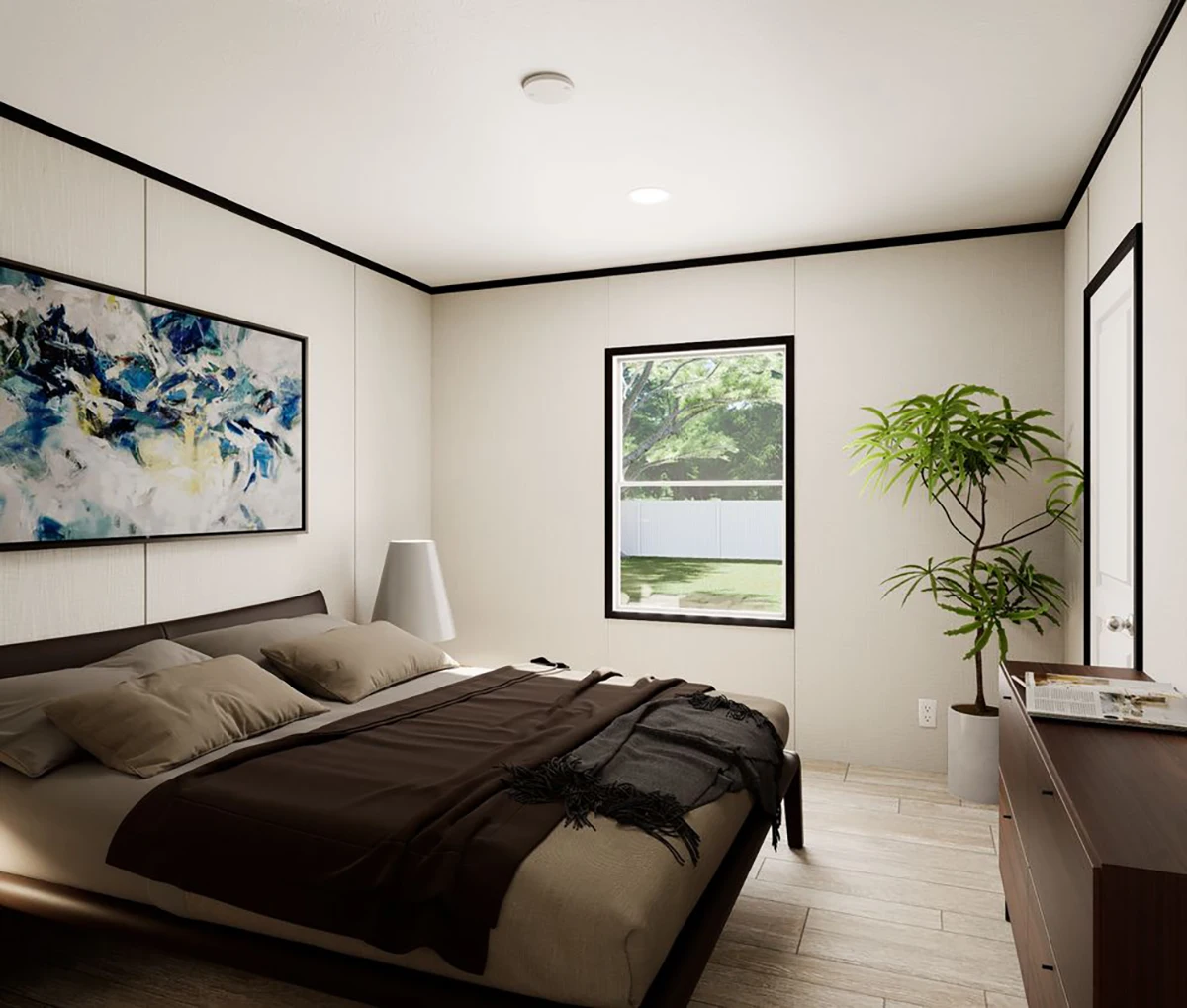 001f570c-964c-4199-90ac-97507513a11a A modern bedroom with a double bed, brown bedding, abstract artwork on the wall, a dresser, potted plant, and a window showing greenery outside.