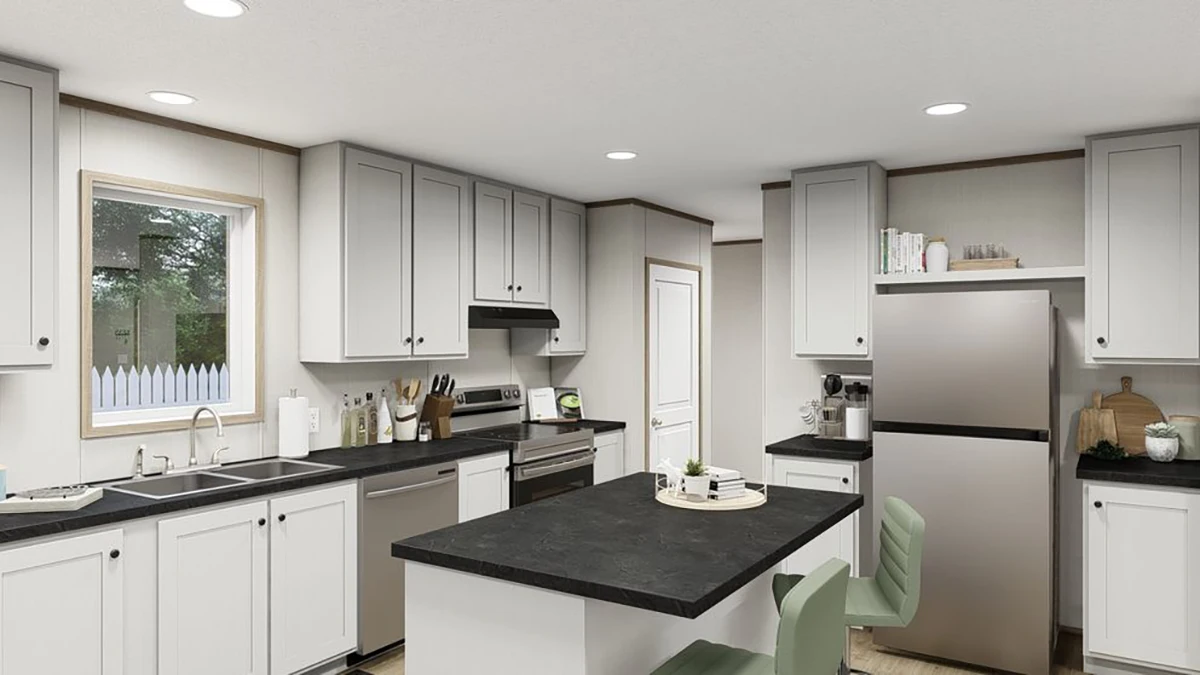 00e46f6e-9d4d-447c-8717-4e6c94703836 Modern kitchen with white cabinets, black countertops, stainless steel appliances, a central island with seating, and a window above the sink.