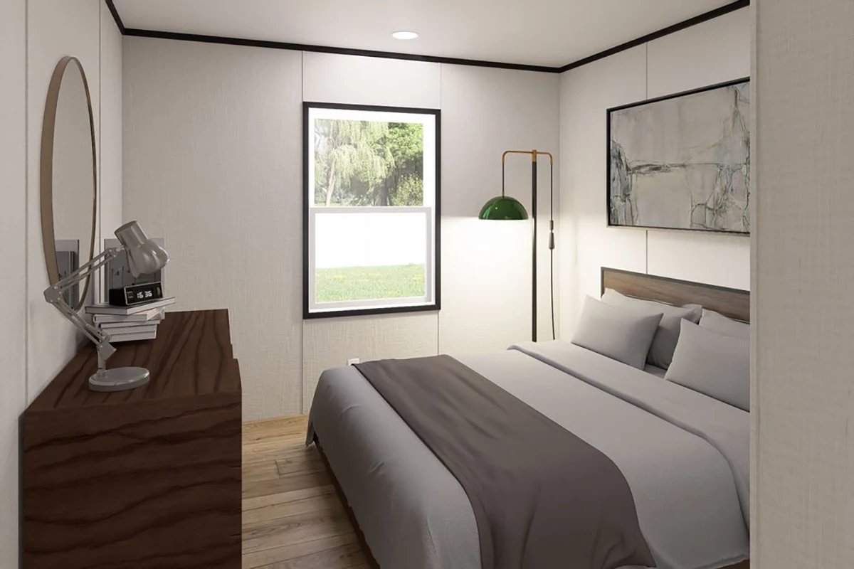04354c8d-5d82-42de-a650-933a51c177f1 A small bedroom with a double bed, wooden dresser, lamp, window with outdoor view, and abstract artwork on the wall.