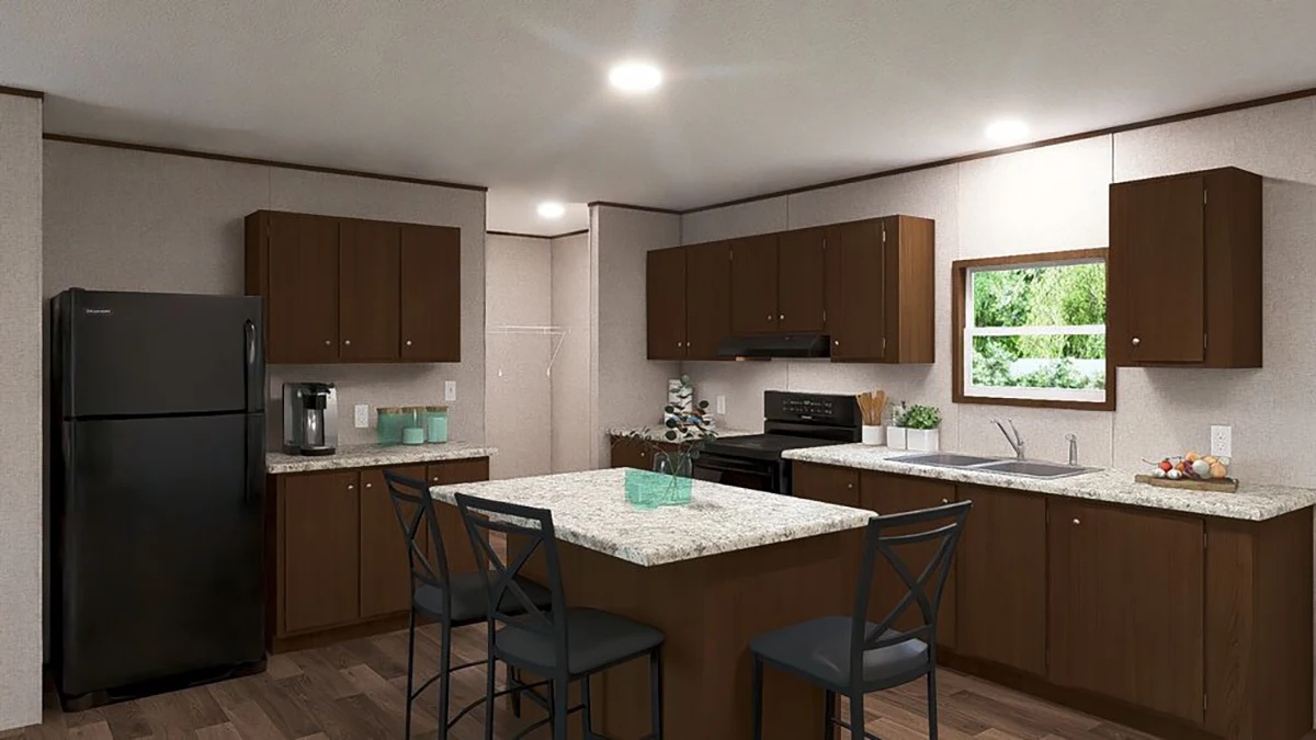 Modern kitchen with dark wood cabinets, black appliances, a granite island with three chairs, and a window above the sink. The countertops have a coffee maker and decorative items.