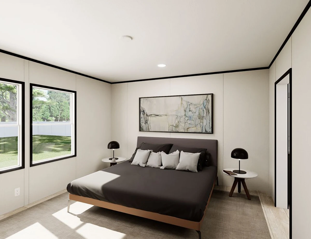 059e0cf6-ff24-4d8e-8939-43682147d8a5 A modern bedroom with a black bed, five pillows, two round side tables with black lamps, large abstract wall art, and two windows showing trees outside.