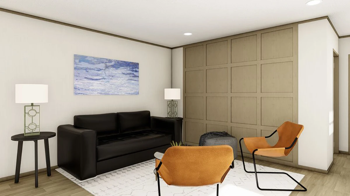 A modern living room with a black sofa, two orange chairs, a white rug, round side tables with lamps, a textured wall, and a blue abstract painting.