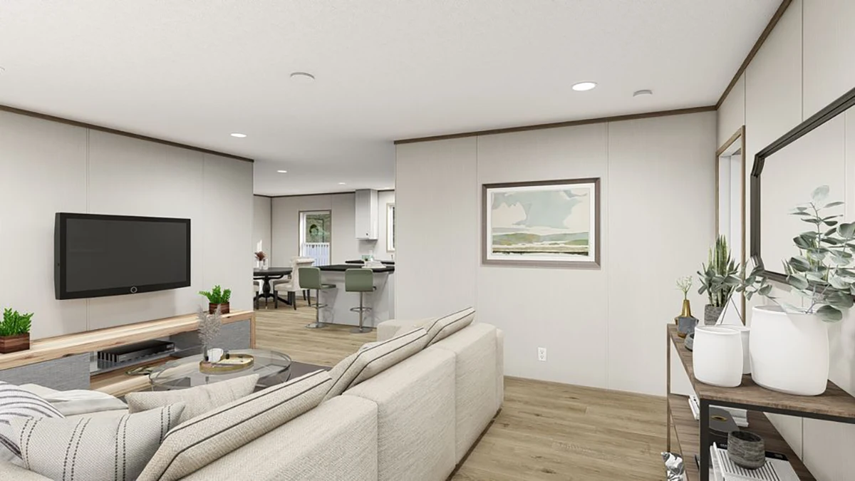 09d10bd0-920b-4f61-a0ea-809dcac64d94 Modern living room with a beige sectional sofa, wall-mounted TV, console table with decor, and view into dining area and kitchen with bar stools. Neutral colors and wood flooring throughout.