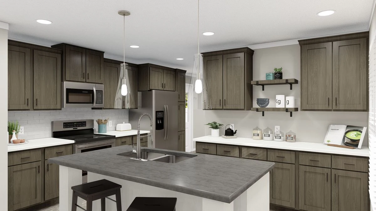 Modern kitchen with gray cabinets, stainless steel appliances, a center island with a sink, two pendant lights, open shelving, and bar stools.