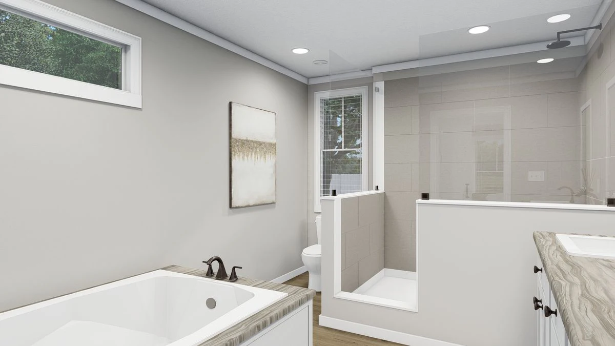 Modern bathroom with a bathtub, walk-in shower, toilet, single-sink vanity, neutral walls, recessed lighting, and a window above the tub.