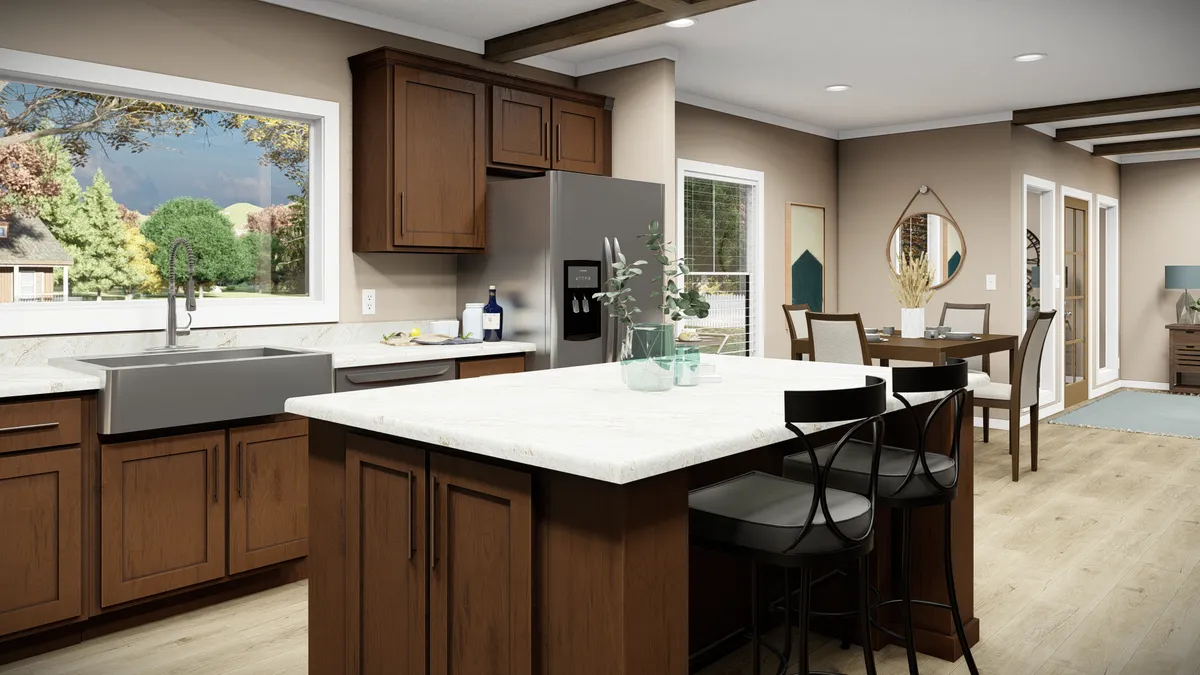0e12c5bb-782d-444c-b248-6e5e4b9935db Modern kitchen with dark wood cabinets, a large island with seating, stainless steel appliances, and a dining area in the background.
