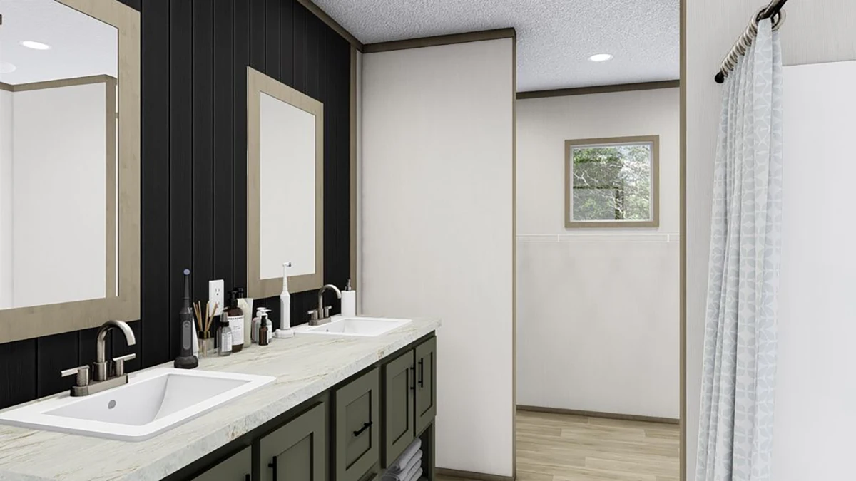 Modern bathroom with double sinks, green cabinets, two mirrors, black accent wall, a window, and a partially visible shower with a white curtain.
