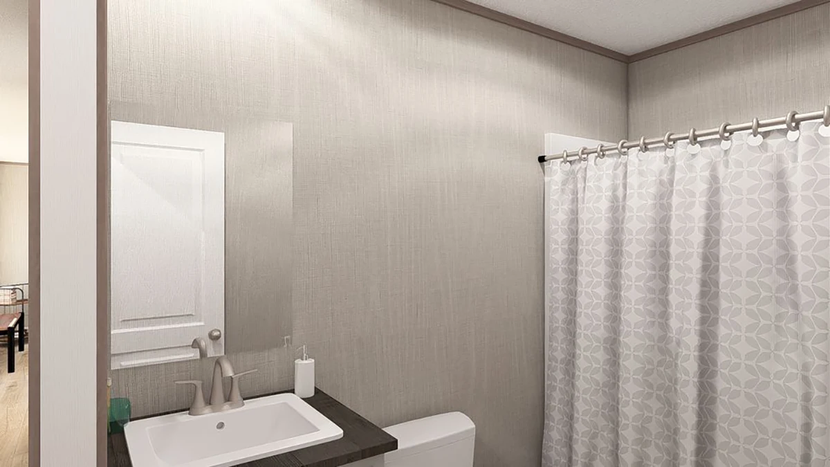 10e92d02-5643-4835-a0a3-bfd9f858002b Modern bathroom with a sink, faucet, soap dispenser, toilet, and a shower area with a patterned curtain. A closed white door is visible on the left.