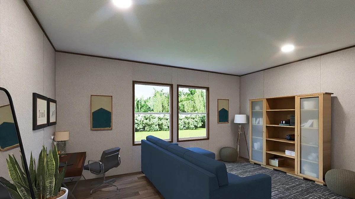 13ed8608-5c8b-428e-b1d4-55aa33270039 A living room with a blue couch, a wooden bookshelf, a desk with a chair, a floor lamp, large windows, and indoor plants.
