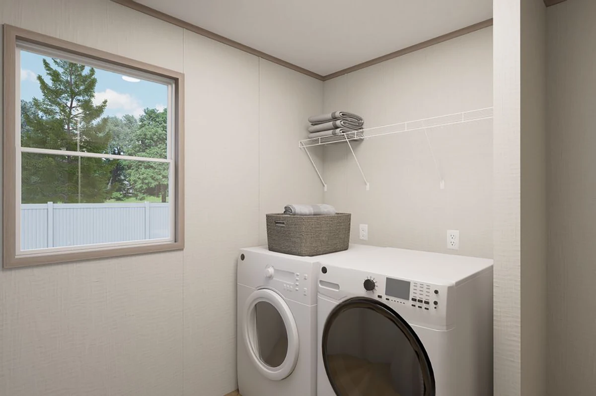 166c6357-1c5d-4874-a033-657fa76dfc4f Laundry room with a front-loading washer and dryer, a window, and a wire shelf holding towels and a basket.