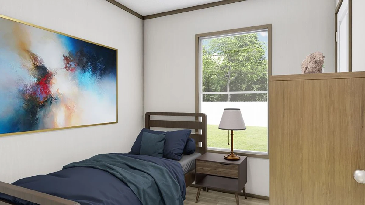 16bc6723-dac3-4972-baf5-861565664ca4 A small bedroom with a single bed, a wooden nightstand with a lamp, a dresser, a large abstract painting, and a window showing trees outside.
