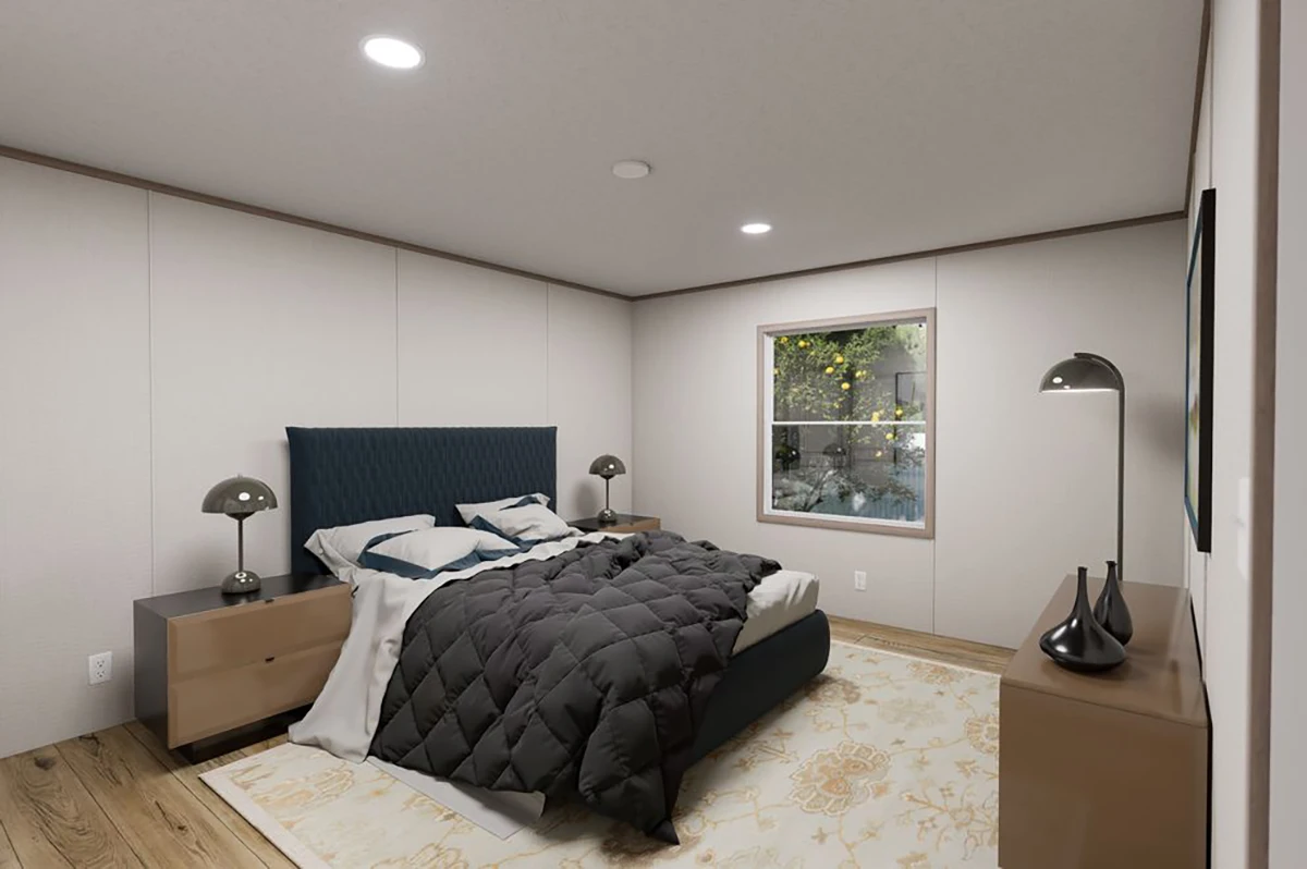 17311ba0-0498-42cb-a44b-d6f433b378d7 A modern bedroom with a double bed, dark comforter, two nightstands with lamps, a dresser with vases, and a window showing trees outside. Neutral walls and a patterned rug.