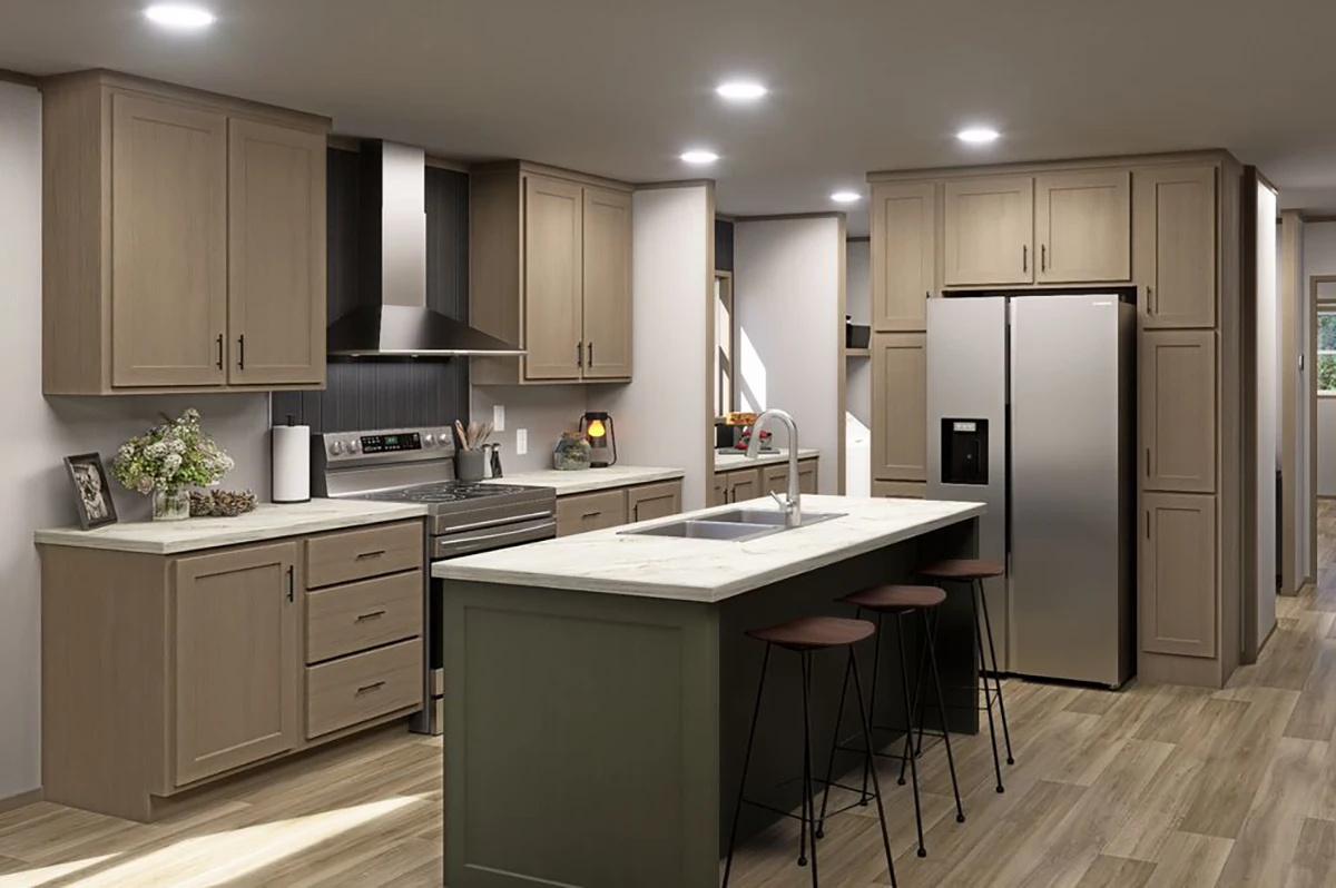 Modern kitchen with wood cabinets, stainless steel appliances, island with sink, three stools, and light wood flooring under recessed ceiling lights.