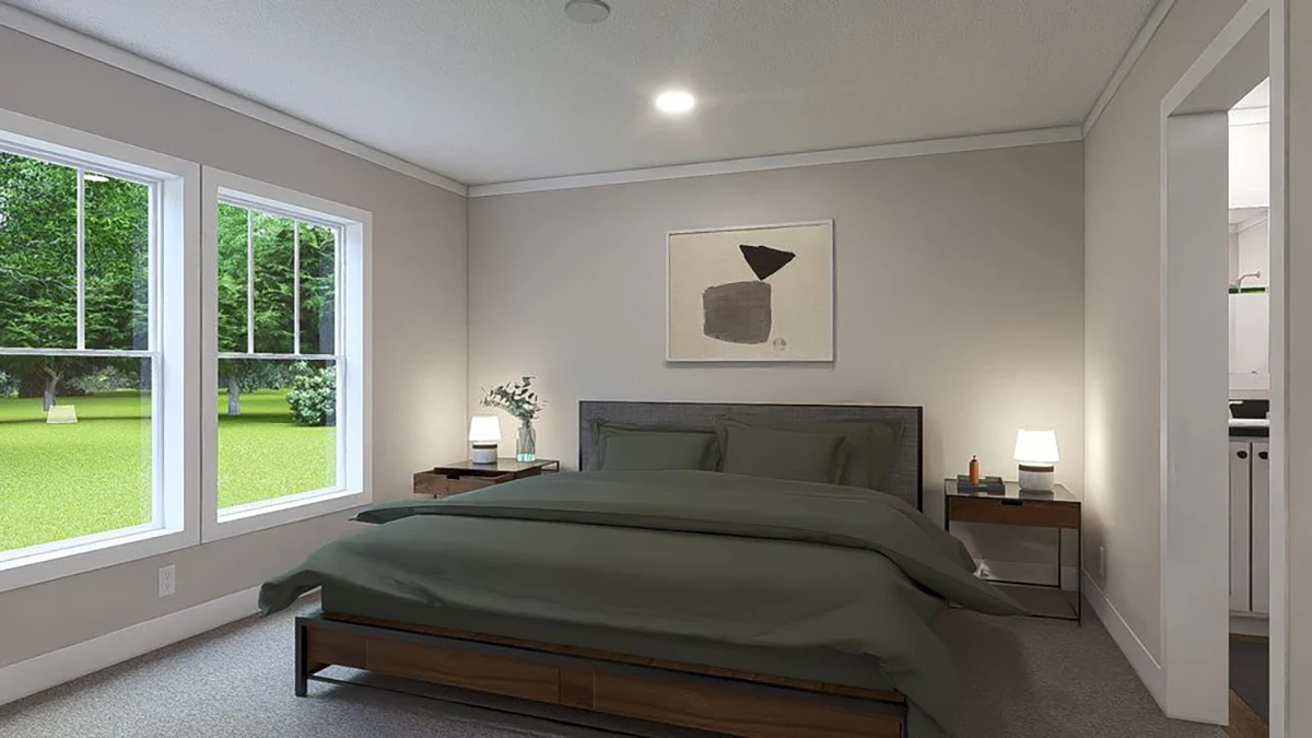 189fbcee-d3db-4722-8423-04b620b28cbd A modern bedroom with a double bed, green bedding, wooden nightstands with lamps, a large window, and abstract wall art above the headboard.
