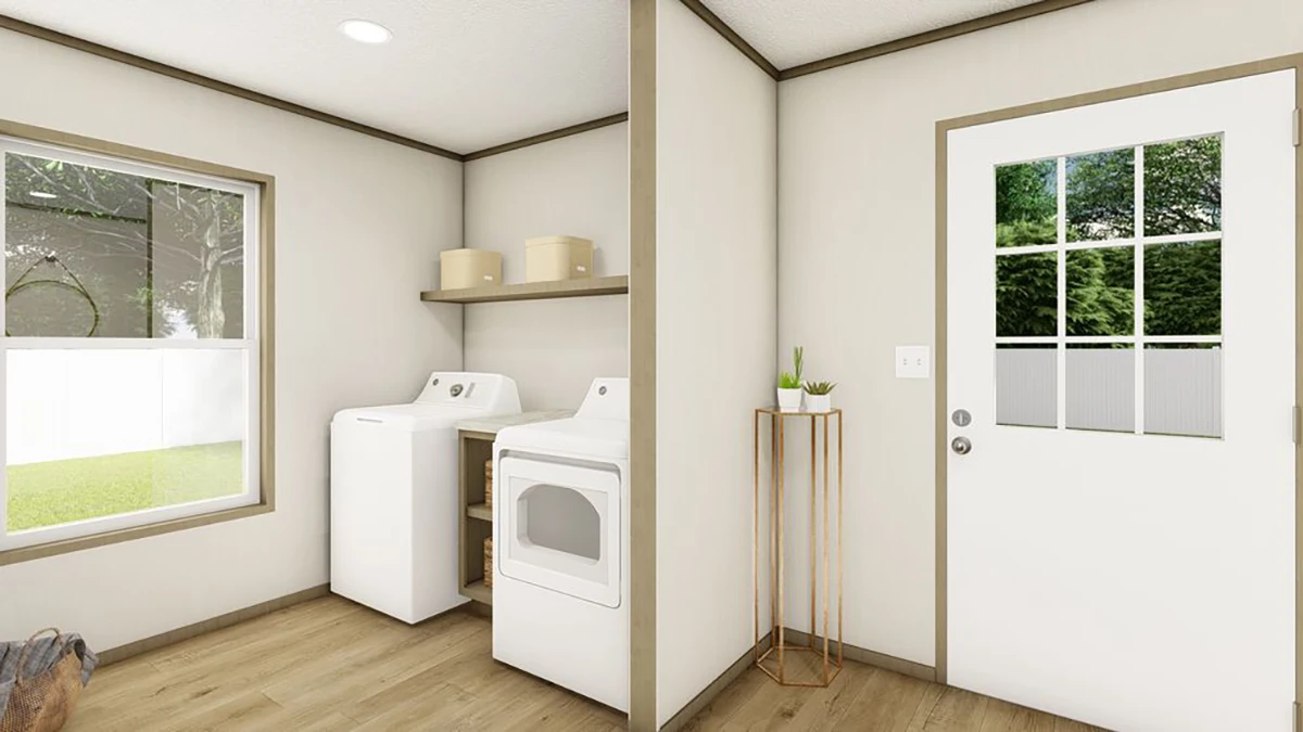 A laundry room with a washing machine and dryer under a shelf, baskets on the shelf, a window, a door with glass panes, and a plant stand with a potted plant.