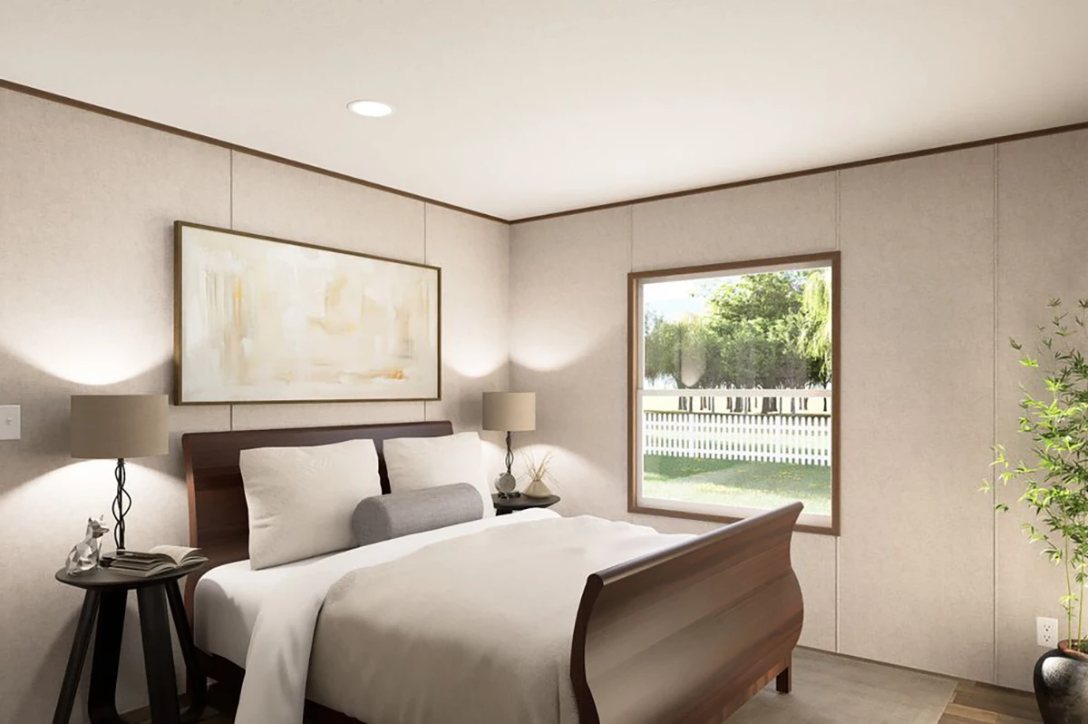 1a20330f-31ef-4eb2-afaf-a5a009d4d631 A neatly made bed with white bedding, two bedside tables with lamps, a large abstract painting, a window showing a green yard, and a potted plant in a bright bedroom.