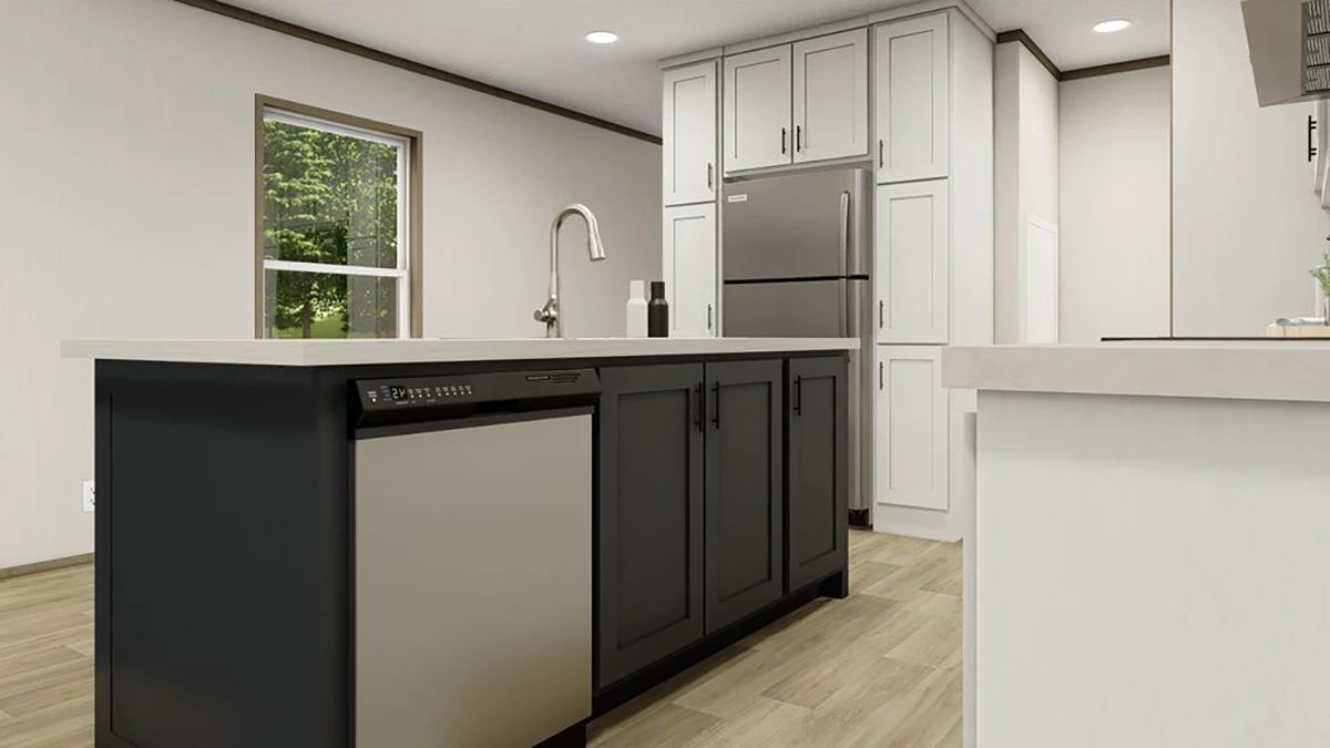 Modern kitchen with light wood floors, a black and white island featuring a built-in dishwasher, white cabinets, stainless steel refrigerator, and a window providing natural light.