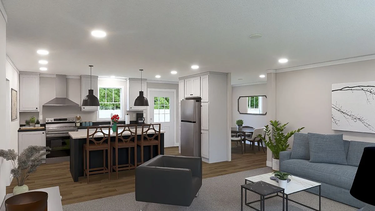 Open-concept living room and kitchen with modern furnishings, island seating, stainless steel appliances, and large windows providing natural light.