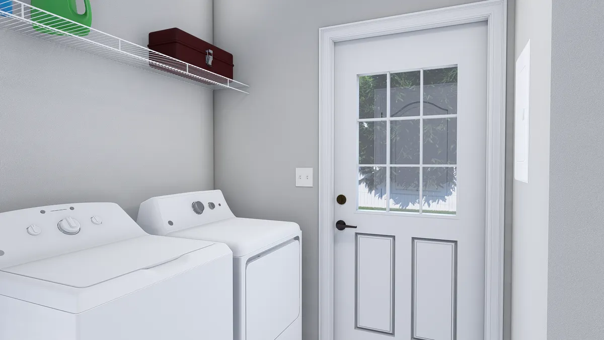 20938721-8d70-44f8-9655-8c77eb3b6866 A laundry room with a white washing machine and dryer, a white door with a window, and a wire shelf holding a green bottle and a brown box.
