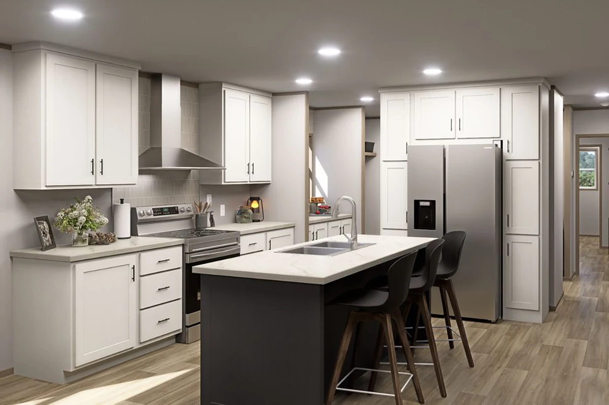 25bc0b8c-d557-43fe-8a38-7e3f8b7e4459 Modern kitchen with white cabinets, stainless steel appliances, an island with a sink, and three black bar stools on wood-look flooring.