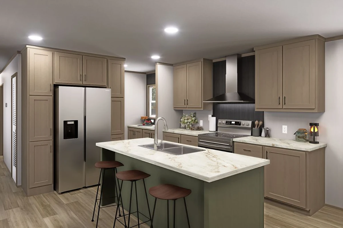 Modern kitchen with beige cabinets, stainless steel appliances, a central island with a sink, and three barstools. Recessed lighting brightens the space.