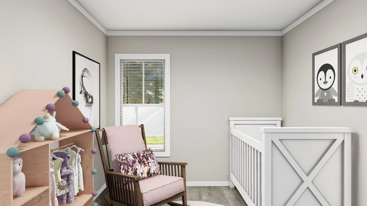 A nursery room with a white crib, wooden rocking chair with cushions, dollhouse shelf with toys, and animal artwork on light gray walls.