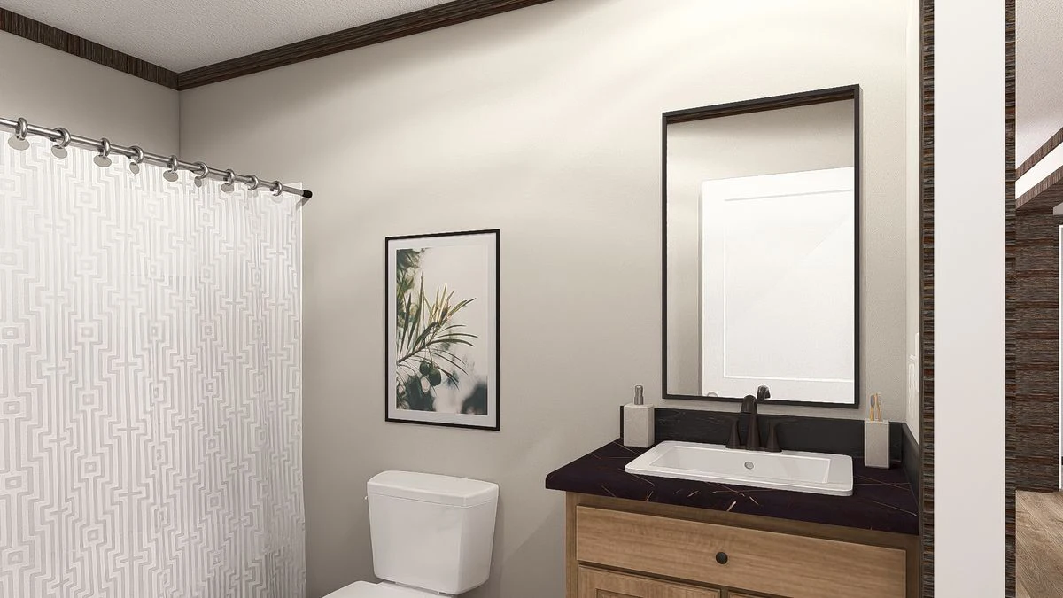 2a362984-54f7-4cad-b0a1-648de384ef36 Modern bathroom with a white shower curtain, framed artwork above the toilet, a wooden vanity with a sink, and a rectangular mirror on the wall.