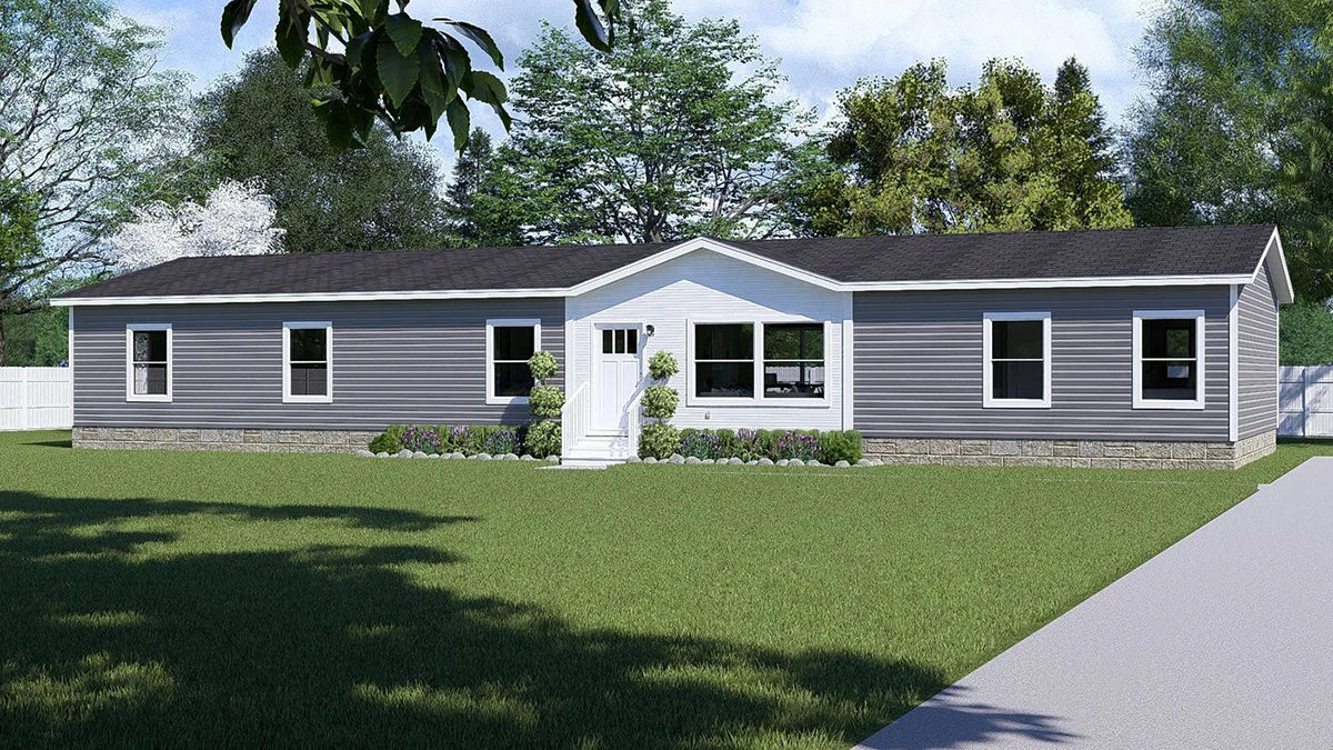 2b52396d-ee5f-4c52-802e-d9b4744476a7 Single-story gray manufactured home with white trim, a central front door, multiple windows, and a neatly landscaped lawn with trimmed grass and bushes.