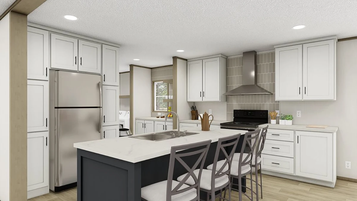 Modern kitchen with white cabinets, stainless steel appliances, a center island with sink, three gray barstools, and light-colored tile backsplash.