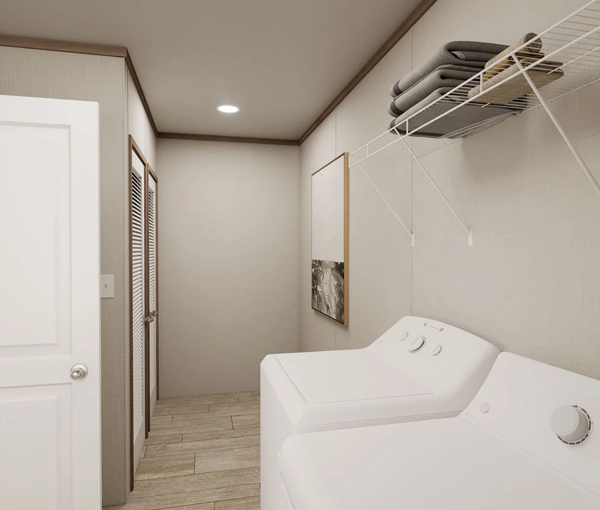 Laundry room with a washer and dryer, wire shelf holding folded towels above, tile floor, closed doors, and neutral-colored walls.