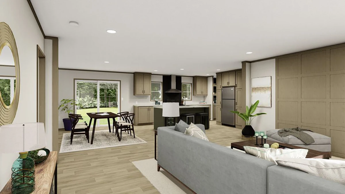31e1845b-5c2e-4d68-a092-b4b02bab1a84 Open-plan living area with a gray sofa, dining table, and modern kitchen; large windows and neutral decor with wood accents and indoor plants.