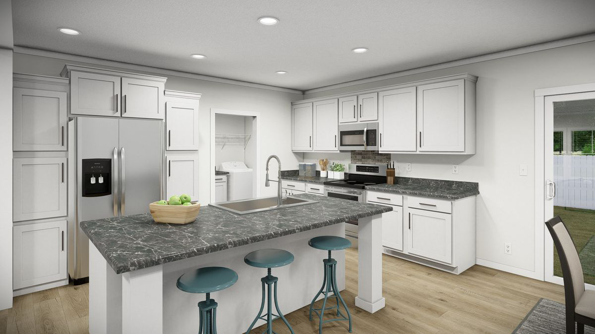 340e245c-14f8-4ff0-afc9-525d67d9cbd6 Modern kitchen with white cabinets, stainless steel appliances, marble-patterned countertops, island with sink and three stools, light wood flooring, and a view of a laundry room and backyard.