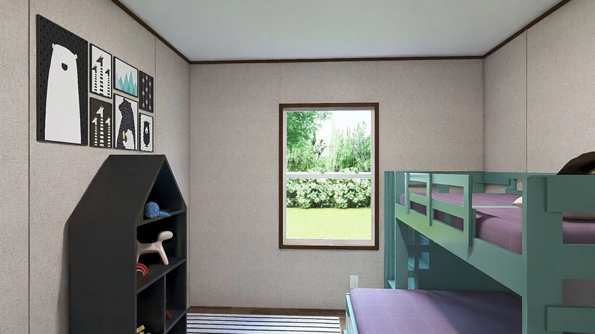 A children's bedroom with mint green bunk beds, a black shelf with toys, wall art, a window showing greenery outside, and a striped rug on the floor.