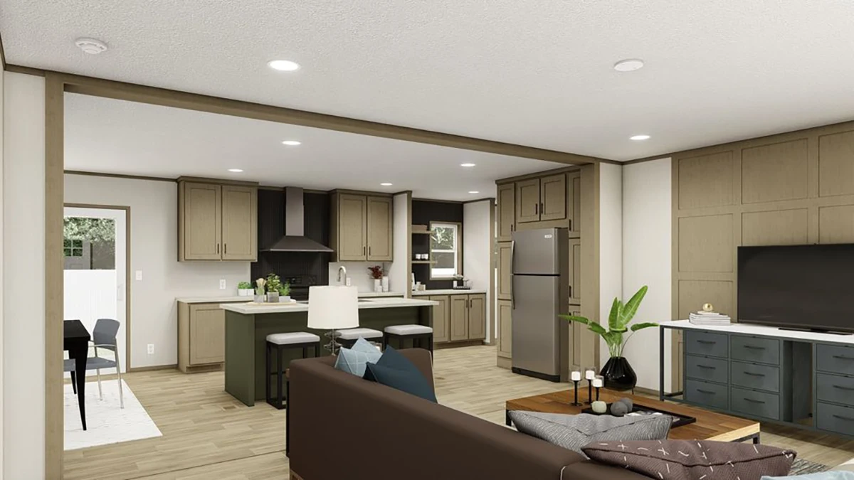 Modern open-concept living area with a kitchen, dining table, and living room featuring neutral tones, stainless steel appliances, and wood flooring.