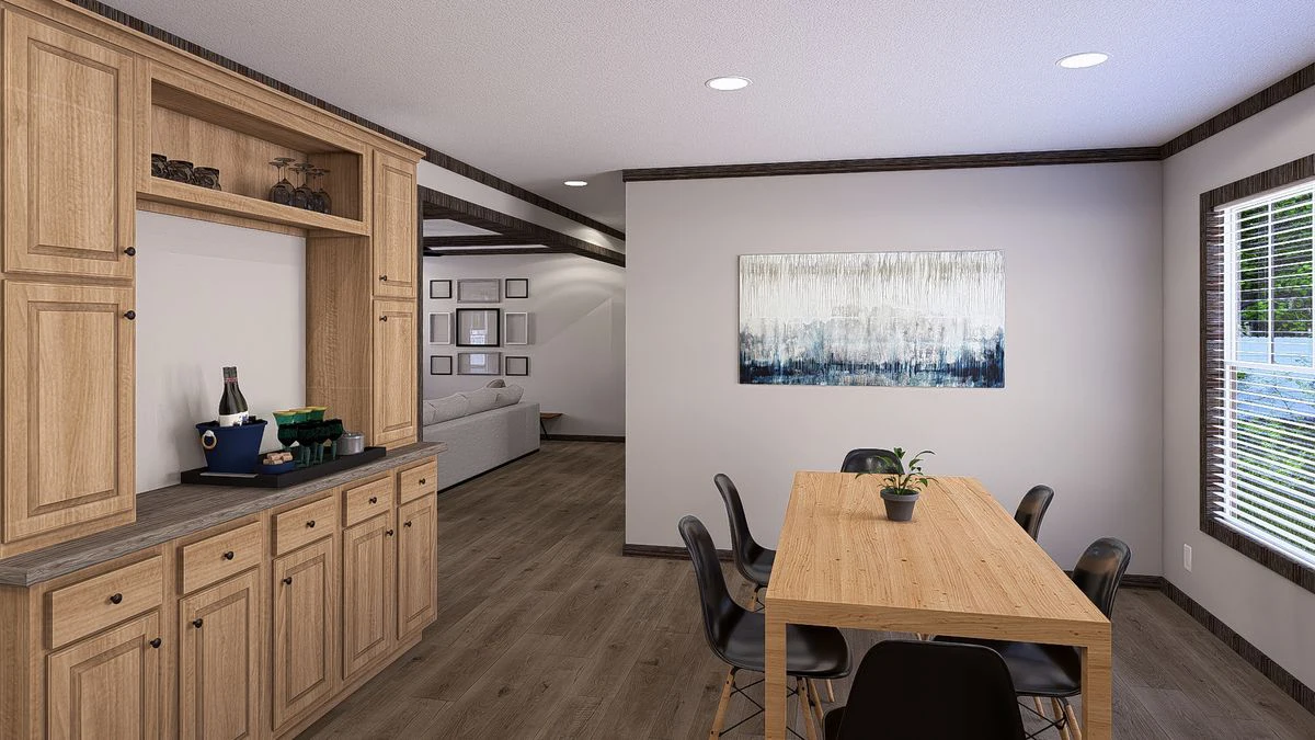 3621e3f7-a659-4b24-aa00-12ccc28dc906 Modern dining area with a wooden table, six black chairs, a small plant centerpiece, built-in wooden cabinets, and a window with blinds letting in natural light.
