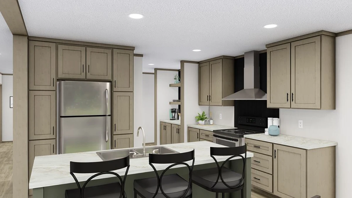 Modern kitchen with light wood cabinets, stainless steel appliances, a marble-topped island with sink, and three black chairs. Recessed ceiling lights provide illumination.