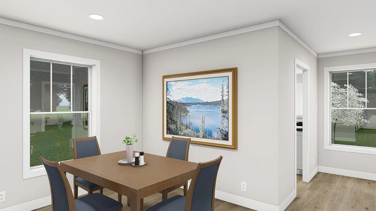 38c31c0f-9cf4-48ec-82f6-e030dd678d14 A dining area with a wooden table, four blue chairs, two windows, and a framed landscape painting on a light gray wall.