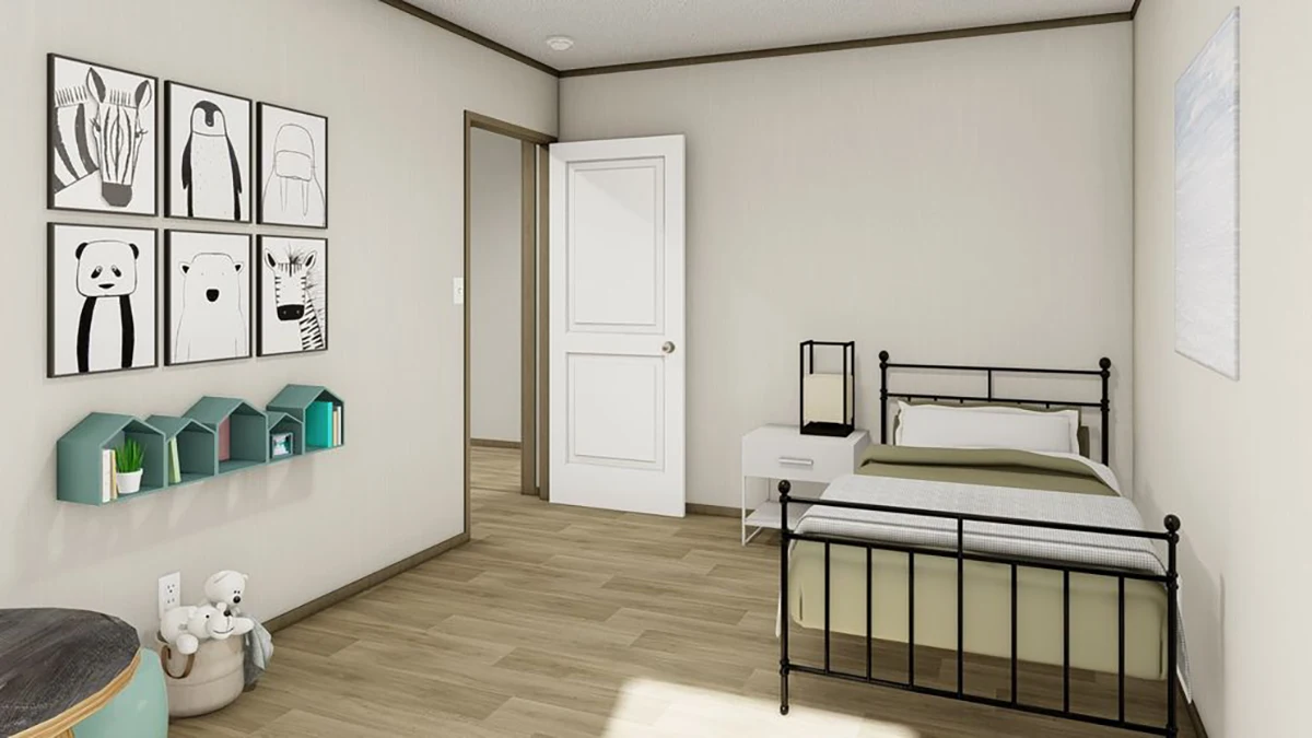 A minimalist bedroom with a metal bed, white bedding, wall art featuring animal drawings, a small side table, and decorative shelves shaped like houses. The door is open.