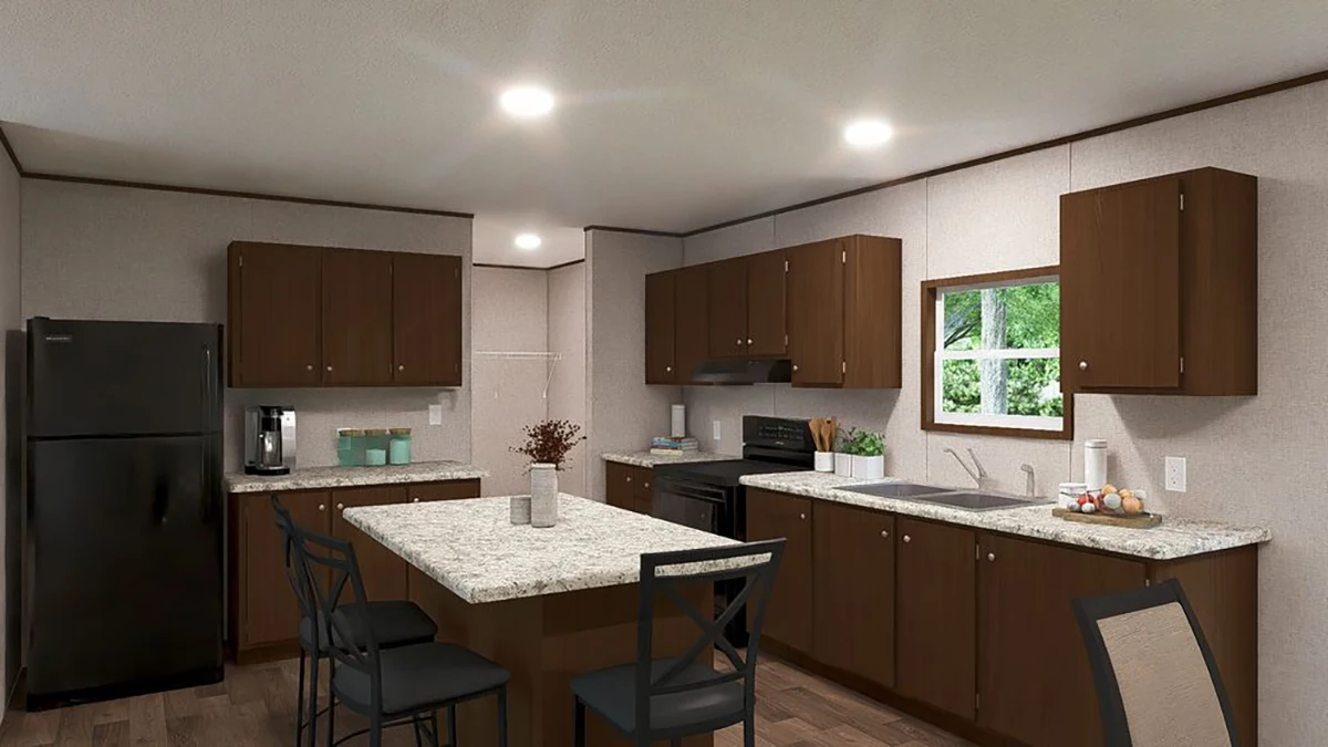 3d2ebf05-6a30-4fb9-8964-5fcf4cff0e73 Modern kitchen with dark wood cabinets, marble countertops, a central island with two chairs, black appliances, and a window above the sink.