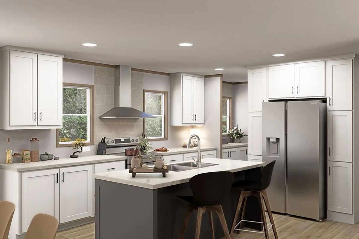 3df17128-bc4b-4b86-91b2-5f514dd3add0 Modern kitchen with white cabinets, stainless steel appliances, an island with a sink and two bar stools, and natural light from two windows.