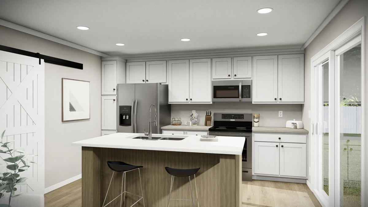 3edf9361-12c8-458f-9bc4-72e5e5677d76 Modern kitchen with white cabinets, stainless steel appliances, a center island with a sink, two black stools, and sliding glass doors leading outside.