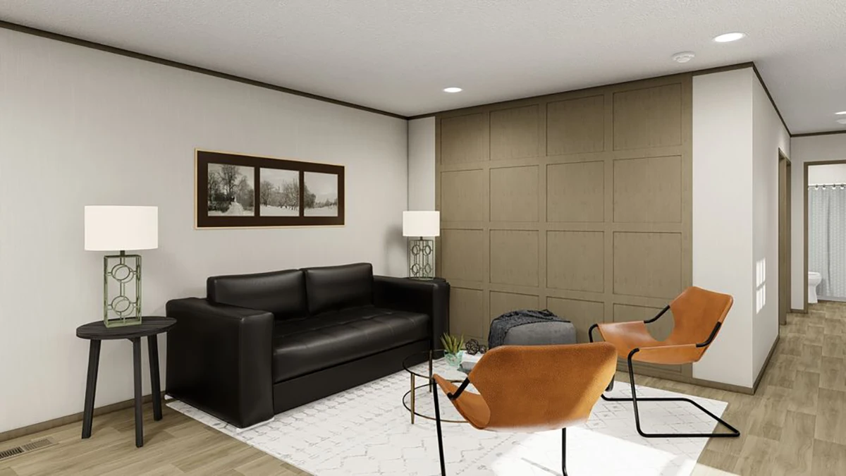 3f0bc9d6-6124-484f-8ac3-dca46e4dbb29 Modern living room with a black sofa, two orange chairs, round glass coffee table, two side tables with lamps, wall art, and wood panel accent wall. Hallway visible in the background.