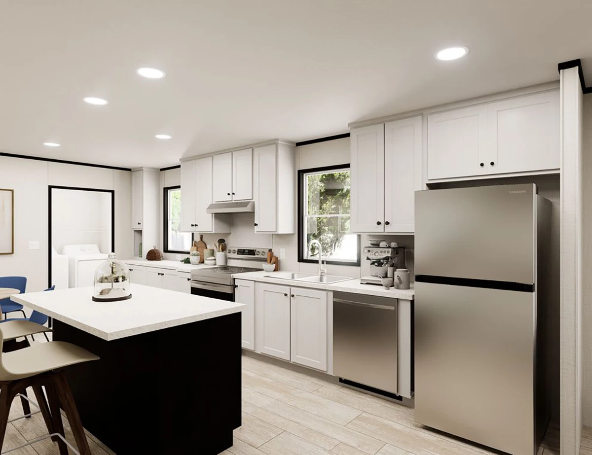 42324c0b-158c-4b57-975b-fc5f347259f8 Modern kitchen with white cabinets, stainless steel appliances, an island with seating, and large windows letting in natural light. A laundry area is visible in the background.