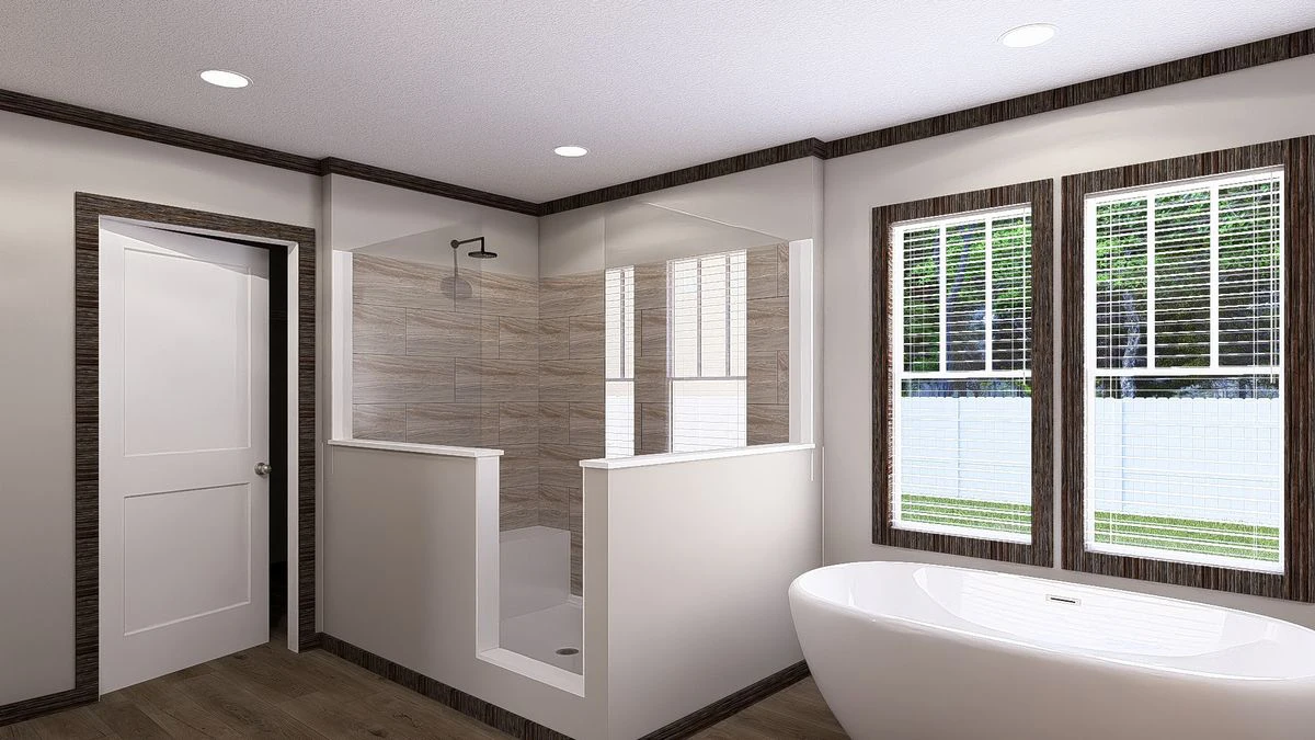42667db7-65dd-4c70-b2f0-9c5774003ef9 Modern bathroom with a walk-in shower, freestanding tub, large windows with blinds, and wood-accented trim and flooring.