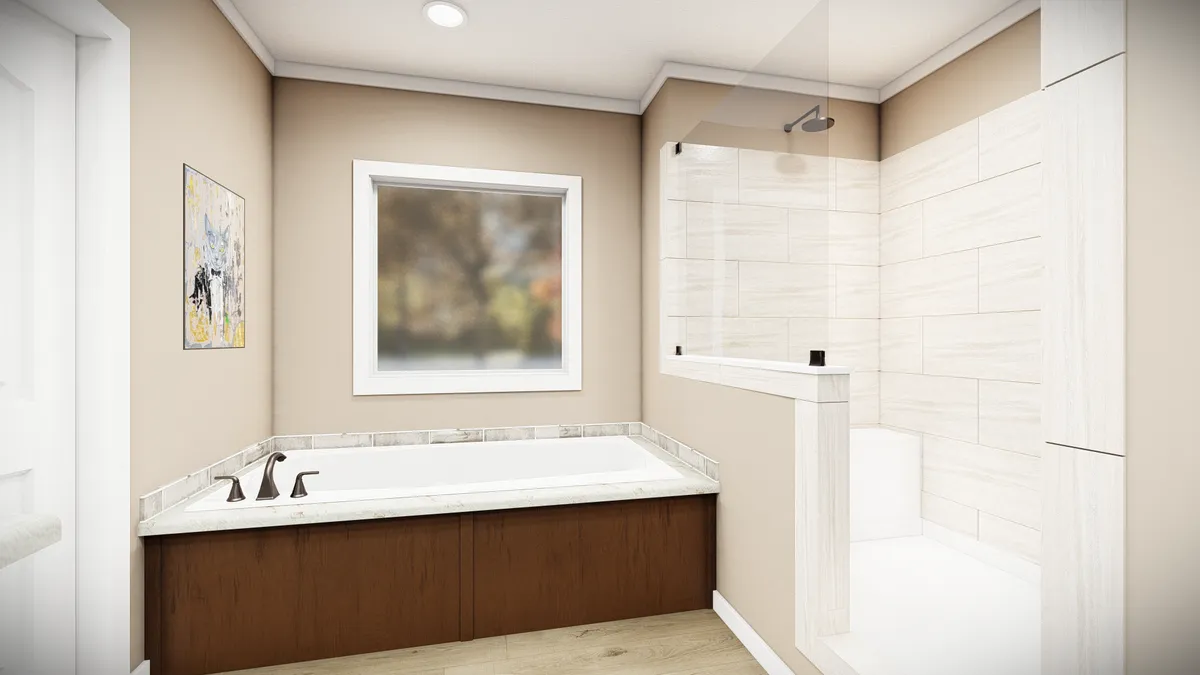 42e58b8e-5536-4bc0-adf2-444bcafb3a74 A modern bathroom features a corner bathtub with marble surround, a glass-enclosed shower with a built-in seat, beige walls, and a large window.