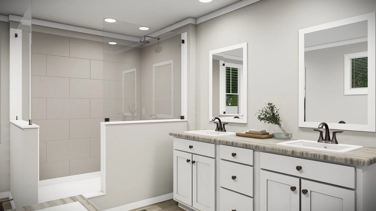 43a71b54-41de-41b8-b553-8d1bf213ecbe Modern bathroom with double sinks, white cabinets, two mirrors, a glass-enclosed shower, recessed lighting, and a neutral color scheme.