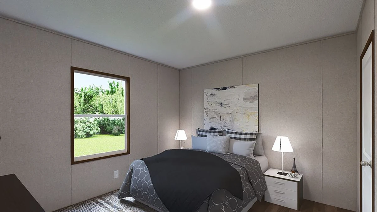 4454f6b8-1e55-4eb4-85f9-c20531f6ea89 A bedroom with a bed, two nightstands with lamps, a window showing greenery outside, and a painting above the bed.
