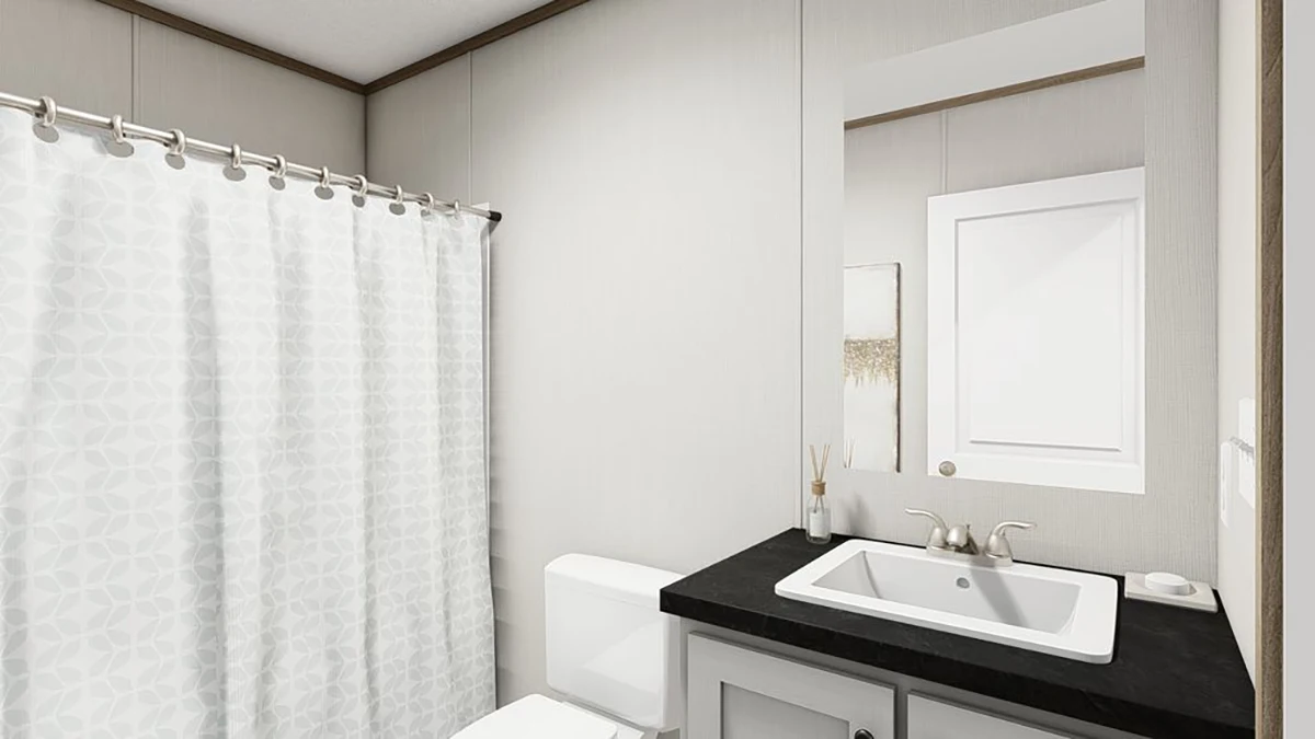 448aebe8-ac56-4042-a801-70b1fd8b2685 Modern bathroom with a white shower curtain, toilet, and a vanity with a square sink, black countertop, and a large mirror above.